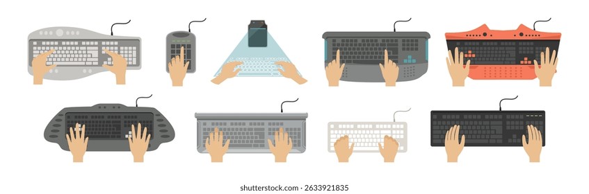 Male Hands on Computer Keyboard Top View Vector Set