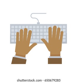 Male hands on white keyboard with wire illustration