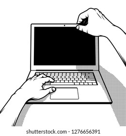 Male hands open laptop. Retro vintage pop art monochrome illustration.