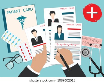 Male hands with a pen - Medical cards of patients with a photo, cardiogram, stethoscope - art vector