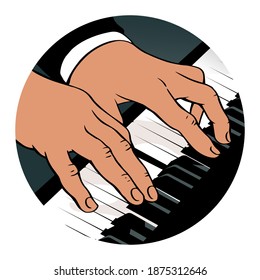 Male hands play piano keys. Close view. The composer performs classical music. Vector illustration in retro pop art style.