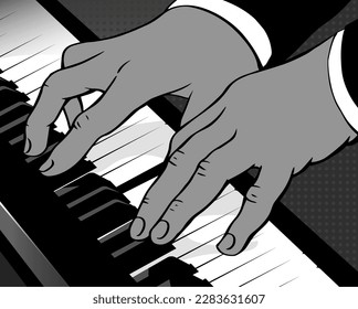 Male hands play piano keys. Man pianist. The composer performs classical music. Black and white vector illustration. Retro pop art. Hand drawn style