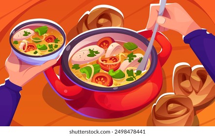 Las manos masculinas vierten la sopa recién cocida de la sartén en un recipiente. Vista superior en la mesa de madera con plato líquido en olla con caldo, tomate y apio, huevo y hierbas, bollos al horno o pan en la mesa. Vector de dibujos animados.