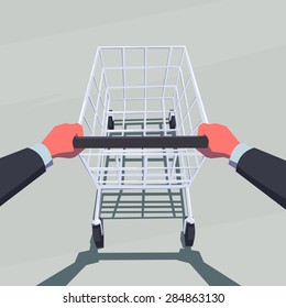 Male hands pushing empty shopping cart. Retro style illustration. Personal point of 
view. Layered file.