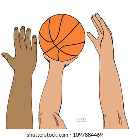 Male hands reaching for basket ball. Strugglng for victory. Playing, holding, throwing. Hand drawn colored sketch. Isolated on white background