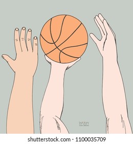 Male hands reaching for basket ball. Strugglng for victory. Playing, holding, throwing. Hand drawn colored vector sketch. Soft colors