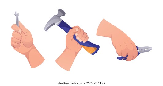 Male hands of repairman or mechanic with working tools. Hammer, wrench, pliers. Set of vector cartoon illustrations isolated on white.