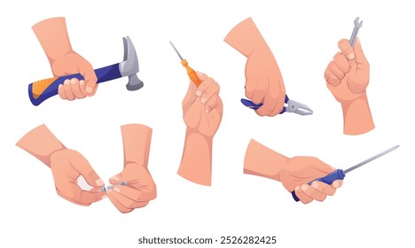 Male hands of repairman or mechanic with working tools, hammer, screwdrivers and pliers. Set of vector isolated cartoon design elements.