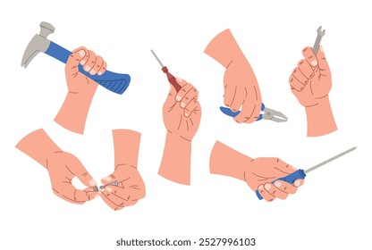 Male hands of repairman or mechanic with working tools, hammer, screwdrivers and pliers. Set of vector isolated cartoon design elements.