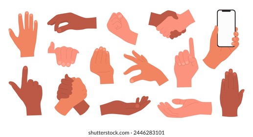 Male hands set. Men’s hands. Fingers and gestures. Isolated. Vector