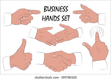 Male hands set. Pointing hand, touching hand, hand with thumbs up, and handshaking. 