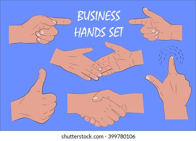 Male hands set. Pointing hand, touching hand, hand with thumbs up, and handshaking. 