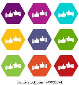 Male hands showing Ok sign icon set many color hexahedron isolated on white vector illustration
