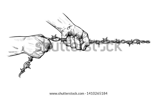 男性の手は 金属の有刺鉄線をロープとして強く締め付け 引き抜き 奴隷制の象徴 依存性 禁止 依存からの解放 手描きのベクトル 権利闘争のコンセプト のベクター画像素材 ロイヤリティフリー