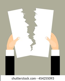 Male hands tearing a blank sheet of paper. Vector illustration of flat design style. Termination of employment. Template for web projects.