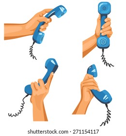 Male hands with telephones in them. Illustration of male hands in different positions with blue telephone tubes in them
