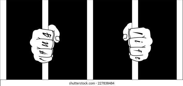 Male hands with Thug Life tattoo holding prison bars. Black and white vector illustration 
