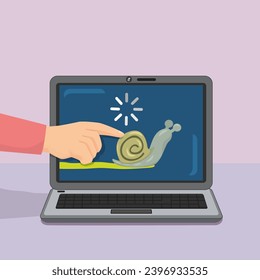 
Manos macho tocando y empujando la carga del caracol en la pantalla del ordenador. ilustración vectorial cartoon.