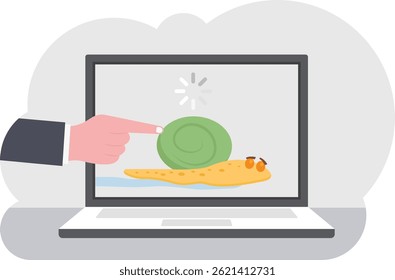 Male hands touching and pushing snail loading on the computer screen. illustration vector cartoon.

