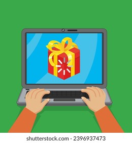 Male hands typing in computer keyboard loading to a gift on screen. Celebrating happy new year and merry christmas concept.illustration vector cartoon.