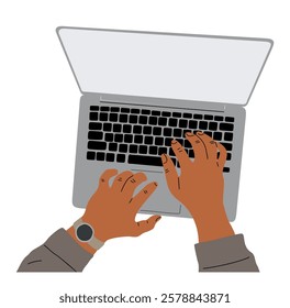 Male hands typing on laptop with watch on their wrist. Concept of productivity and focus, as the person is likely working on task or project. Top view flat vector illustration isolated on white