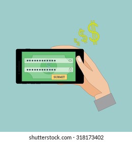 Male Hands Using Mobile Banking on a Black Smart Phone. Vector Illustration.