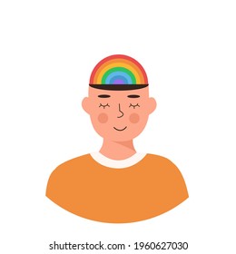 Male happy character with Montessori style rainbow on head vector flat. LGBT Man or woman with close eyes in orange. Positive thinking concept, self care. Gay person. Hippie culture. Meditation.