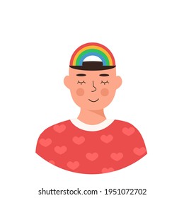 Male happy character with rainbow on head vector flat illustration. LGBT Man or woman with close eyes. Positive thinking concept, self care, healthy slow life. Gay person. Hippie culture. Meditation.