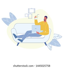 Male Happy Remote Worker Flat Vector Character. Man Lying on Sofa at Home, Drinking Coffee, Smiling Illustration. Guy Holding Laptop, Surfing Internet. Freelance Distance Job, Occupation