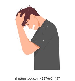 Male has a problem with scaly skin and dandruff. Dirty man with itchy, dry, scaly scalp. Flat vector illustration