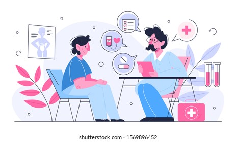 Male having a consultation with doctor. Idea of healthcare, medical treatment, examination, diagnostic. Vector illustration in a flat style