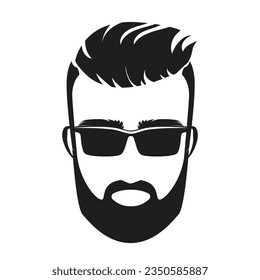 Male head barbershop. Cool man with sunglasses label, stylish hipster emblem vector illustration