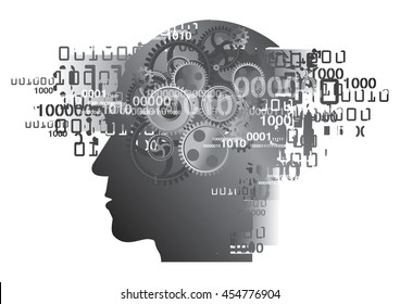 Male Head With Binary Codes.
Male head silver silhouette with gear and binary codes.Vector available.
