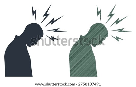 Male with head down, suffering from severe pain, strong headache, migraine attack
