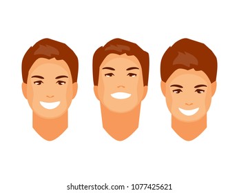 Male head is frontal in perspective. View straight, top and bottom. Vector illustration