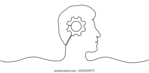 Male head with gear wheel inside. Cogwheel continuous line art drawing. Vector illustration isolated on white.