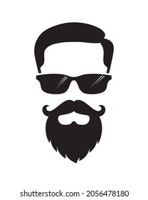 Male head graphic icon. Man with mustache, beard and sunglasses. Person graphic sign isolated on white background. Vector illustration