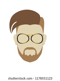 Male head hipster modern hairstyle 2018 with beard and moustache gold-colored glasses flat style. Icon or template for glasses advertisement.Transparent background.