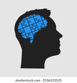 Cabeza masculina. El cerebro humano de las piezas del rompecabezas desafía la lógica, la creatividad, las habilidades. Silueta de la cara del hombre para la psicología, la actividad cerebral, la salud mental . Rompecabezas de Plantilla para infografía