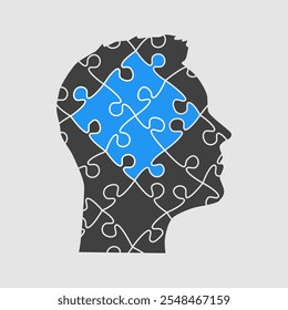 Cabeza masculina. El cerebro humano de las piezas del rompecabezas desafía la lógica, la creatividad, las habilidades. Silueta de la cara del hombre para la psicología, la actividad cerebral, la salud mental . Rompecabezas de Plantilla para infografía