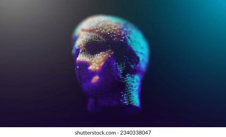 Male head made of dots in empty space, antique sculpture style. Dark background, backlight, depth of field.