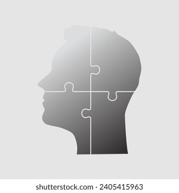 Male head made from four puzzle pieces. Template for infographic, diagram, process. Man head divided into many parts. 4 jigsaw puzzles in mind, strategy, education. Silhouette face for psychology