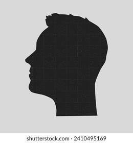 Male head made from puzzle pieces. Template for infographic, diagram, process. Man head divided into many parts. Jigsaw puzzles in mind, strategy, education. Silhouette face for psychology