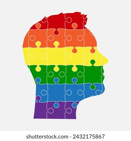 Male head made from puzzle pieces. Sign LGBT silhouette. Template for infographic, diagram, process. Man head divided into many parts. Jigsaw puzzles in lesbian, gay, bisexual, transgender