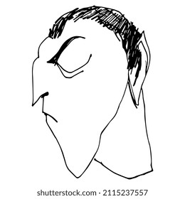 Male head. Man with closed eyes and short hair. Fantastic character. Hand drawn sketch. Black and white silhouette.