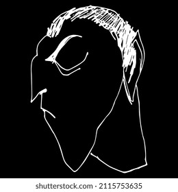 Male head. Man with closed eyes and short hair. Fantastic character. Hand drawn sketch. White silhouette on black background.