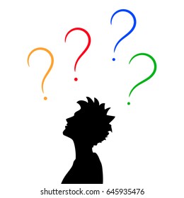 Male head profile and question marks