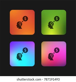Male head side view with cogwheels thinking about dollar symbol four color gradient app icon design