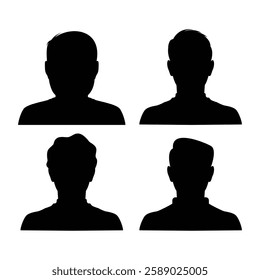 Male head silhouette avatar, profile icons. mens portraits, silhouettes, avatars or profiles of unknown anonymous people. Black and white vector illustration