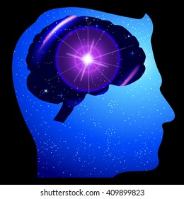 Male head silhouette brain space.
